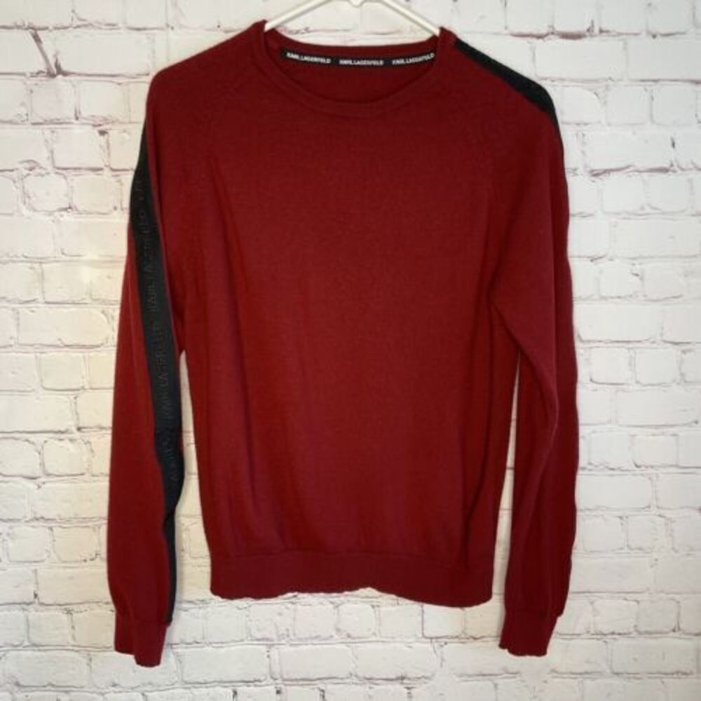 Karl Lagerfeld Women’s Medium Sweater Red Pullover Logo Sleeve 100% Wool 655008